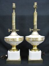 Pair Mid-Century Porcelain Gold Urn Grape Bands Brass Torchiere Table Lamps picture