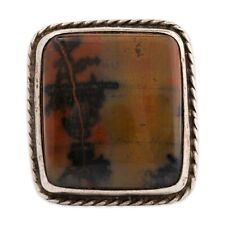 NATIVE AMERICAN OLD PAWN STERLING SILVER PETRIFIED WOOD ROPE RING 8 picture