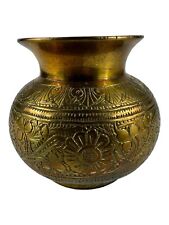 VINTAGE ANTIQUE BRASS BRONZE ETCHED HOLY WATER HINDU TEMPLE SMALL VASE picture