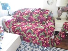 Stunning Vintage 30's Barkcloth Sofa Slipcover Florida Florals on Wine/Burgundy picture