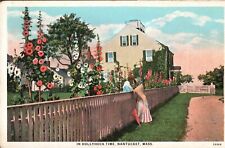 Postcard in Hollyhock time Nantucket Massachusetts flowers Young couple picture