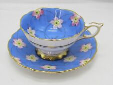 Royal Stafford Blue Cream Teacup & Saucer Pink Floral Gold Leaf Rare Vintage 50s picture