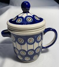 Polish Pottery Peacock 3 Piece Tea Cup with Strainer B9 picture