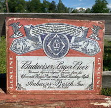 Vintage Budweiser Lager Beer Metal Sign Anheuser Busch Old Label Genuine Bar picture