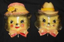 Vintage Chalkware~ Pr Anthropomorphic Cats w/Hats & Hooks Wall Hanging picture