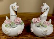 Vintage Set Of 2 Small Pink Ceramic & Gold Trim Bottles With Stoppers 3.5