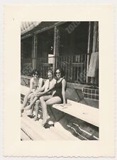 Three Swimsuit Women on Beach Swimwear Ladies Sit Bench Vintage Photo Original picture