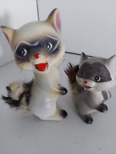 Pair of Vintage Enesco Kitschy Ceramic Raccoons Furry Fuzzy Tails-Japan picture