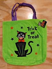 New w/Tag Happy Cat Felt 12x12 Lime Green Black Cat & Stars Trick Or Treat Bag picture