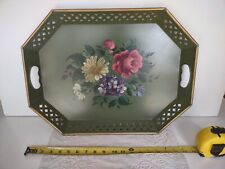 Vintage large Tole tray Floral Hand Painted Filagree handles toleware 19