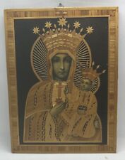 Polish Catholic Religious Icon Mother Mary Baby Jesus Inlaid Straw Wood 7”x9.25” picture