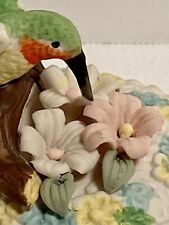 3” Trinket Jewelry Dish Porcelain 3D Floral Lid Hummingbird Flower Dresser Decor picture