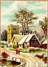 c1910 New Year, snowy village scene, holly, embossed, nice antique card picture