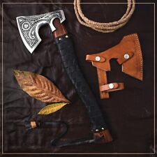 VIKING AXE HAND FORGED CARBON STEEL BLADE, HATCHET,COMBAT AXE W/ LEATHER SHEATHS picture