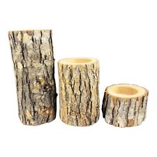 Primitive Rustic Textured Carved Wood Log Stumps Candle Votive Holder Set 3 picture