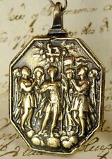 RARE SPANISH COLONIAL 7 ARCHANGELS & CATHOLIC HOLY TRINITY ANTIQUE BRONZE MEDAL picture