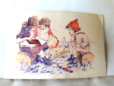 1880s Blank Trade Card 3 Children Book Reading Chopping Wood Hatchet Purple Red picture