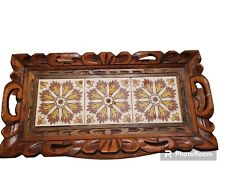 Vtg Mid Century Hand-Carved Wood Serving Tray Ceramic Tiles Earth tones18x9 picture