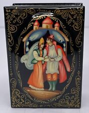Russian Black Lacquer Box Hand Painted Trinket Jewelry Signed by Artist Hinged picture