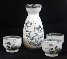 White 4 pc Japanese Sake Set w Black Florals. Thick Texture Shino Glaze a picture