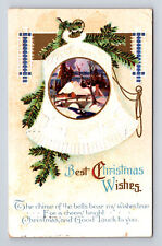 c1913 Best Christmas Wishes Bell Snowy Cottage IAPC Postcard picture