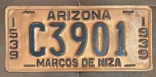 Arizona 1939 MARCOS DE NIZA REPAINT License Plate # C3901 picture