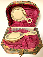 Antique Victorian French Ivory Gutta Percha Vanity Set Brush Comb Mirror Case picture