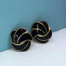 Vintage / Retro Black Enamel and Gold Metal Clip On Earrings - Woven Shape picture