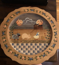 Vintage Painted Round Wood Tray Floral Design 14” Scalloped Edges Folk Art picture
