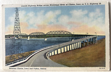 Clinton Iowa Lincoln Hwy Bridge Mississippi River US HWY 20 Linen Postcard - A6 picture
