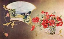Vintage Postcard Beautiful Poinsettia Flowers In Vase & Landscape Village picture