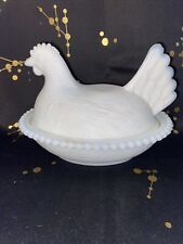 Vintage Indiana White Milk Glass Chicken Hen On Nest Covered Bowl picture