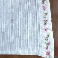 NOS New 70s White Blanket Satin Trim Full Double Twin Embroidered Pink Flowers picture