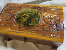 Vtg Cedar Wood Carved Jewelry Trinket Box w/ Mirror  Country Village Scene picture