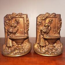 Antique Art Nouveau Cast Iron Bronzed Girl Drinking From Fountain Bookends picture