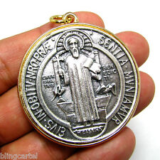 Medalla De San Benito St Benedict Large 48MM Italy Two Tone Gold Plated Pendant picture