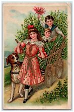 c1910's Children Riding Cart Wagon Dog Embossed Unposted Antique Postcard picture