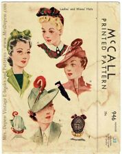 Rare 1940s Vintage McCall 946 Sewing Pattern Jaunty Hats in 2 Versions Size 22 picture