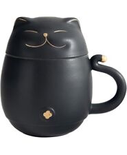 Embersceramic Lucky Cat Ceramic Tea Cup Infuser Lid Smiling Cat Mug Black Gold picture