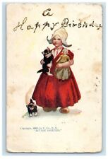c1910's Happy Birthday Greetings Dutch Girl Kittens Cat Doll Antique Postcard picture