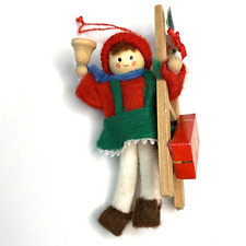 Vintage Girl in Felt Clothes w/Ladder & Bell Wooden Christmas Ornament 4.25