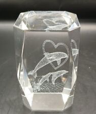 3D Laser Etched Glass Crystal Cube Dolphin Jumping Through A Heart Paperweight picture