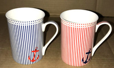 Set of 2 Stechcol Gracie Bone China Mugs Red and Blue White Stripes Anchors NICE picture