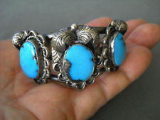 Native American Navajo Morenci Turquoise Sterling Silver Raised Leaves Bracelet picture