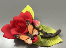 Vintage Porcelain Red Rose Butterfly Green Leaves Stem Thorns Exquisite Flower picture