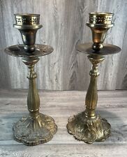 Ornate Floral Unmatched Pair of 2 Heavy Brass  Candlesticks Wedding 20 Inch Tall picture