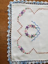 Vintage White Dresser Scarf Floral Embroidery Variegate Blue Crochet 13x 24
