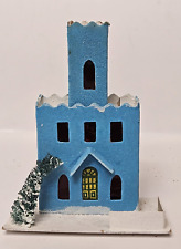 Vintage Putz Christmas Village Paper Cardboard Blue School House Mica Greenery picture