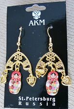 Russian traditional gold color metal earrings dolls old style. Made in St Peters picture