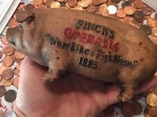 Finck's Overalls Cast Iron Piggy Bank Man Cave Swine Pig Hog Banker Collector picture